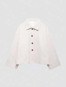 女士时尚休闲法式单排扣短款宽松领羊毛大衣 - 米色 - 查看 2