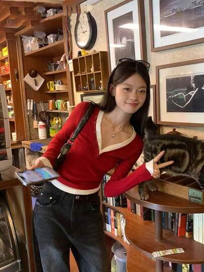 女士V领长袖T恤，修身版型，新款，修身，韩版，二合一，甜辣分层上衣