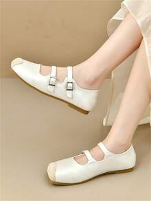 Women's Square Toe Mary Jane Shoes, Patchwork Double Buckle Strap Flats, Comfortable Low-Cut Soft Bottom Casual Shoes For All Seasons - Beige - View 6
