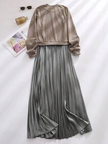 大码休闲纯色长袖针织拼布褶皱长裙，优雅女士连衣裙，春秋季