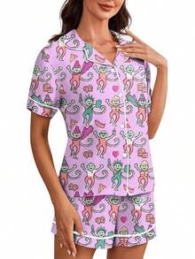 Women Y2k Pajamas Set Cute Heart Rabbit Short Sleeve Button Down Shirt Silk Satin Pjs Shorts Set Preppy Sleepwearhalloween - K猴紫a - 查看 1