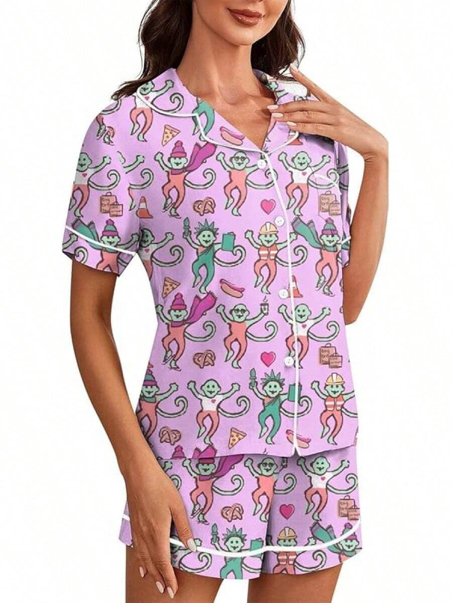 Women Y2k Pajamas Set Cute Heart Rabbit Short Sleeve Button Down Shirt Silk Satin Pjs Shorts Set Preppy Sleepwearhalloween - K猴紫a - 查看 1