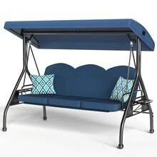 ZZW 3 Seat Outdoor Porch Patio Swing With Stand 800lbs 2-In-1 Convertible Swing Bed With Adjustable Canopy & Removable Cushion For Yard Garden Deck - 藍色 - 查看 8