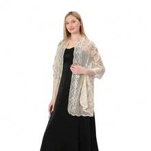 Shawls And Wraps For Evening Dresses,Women Formal 1920s Sequin Flower Sheer Shawls And Wraps For Wedding-{"Color_name":"Beige"} - 米色 - 查看 5