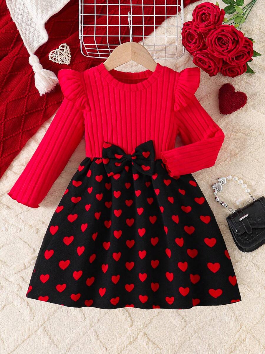 少女情人节蝴蝶结装饰长袖圆领连衣裙 - 紅色 - 查看 1