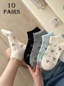 5/10 paires de chaussettes montantes pour femmes, assorties avec nœud, pois, rayures, couleur unie, dentelle. Doux, respirant, style universitaire, polyvalent pour le port quotidien, toutes saisons - Multicolore - Voir 5