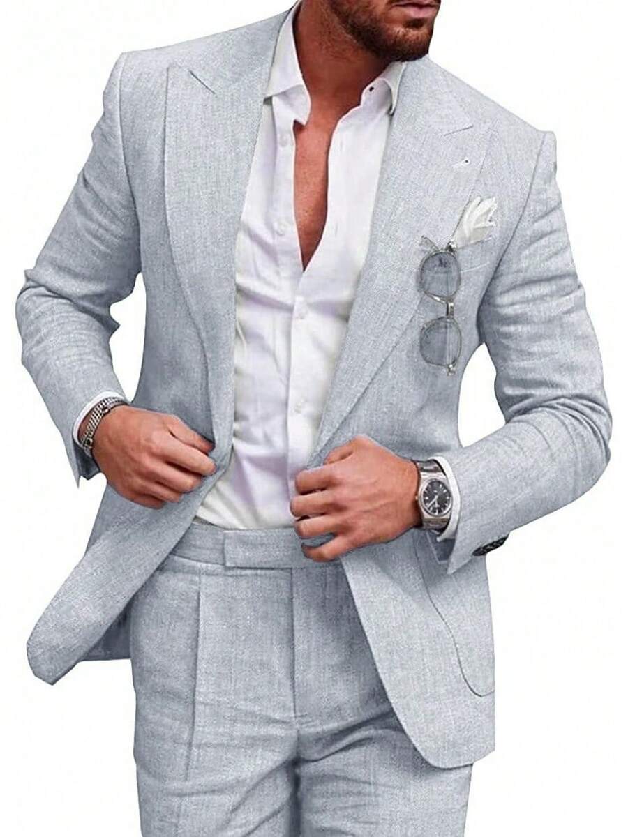 Costumes For Men New Men's Plus Size Two-Piece Suit Set Single-Button Linen Solid Color Suit - Light Gray - View 1