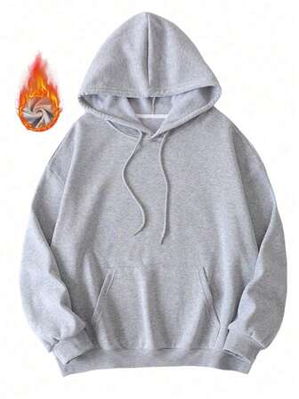 Men's Thermal Drawstring Hoodie , Casual Grey Pullover Warmth , For Fall Winter, Long Sleeve Top