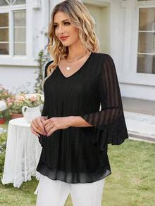 CheersLife Women's 3/4 Sleeve Tie Waist Top, Casual Loose Printed Blouse With Layered Ruffle Mesh - Black - View 4