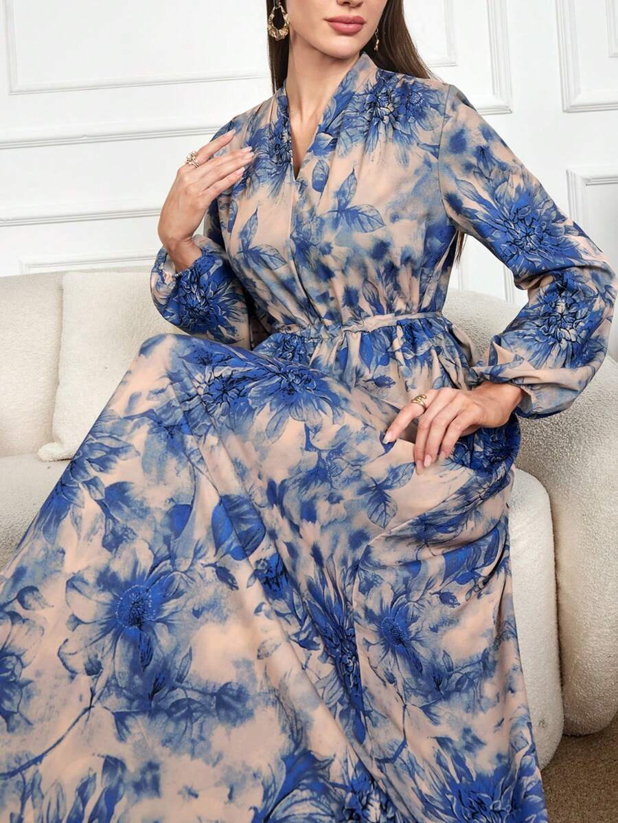 优雅女士蓝色印花长袖V领系带阿拉伯连衣裙，完美适用于正式场合，尽显春季迷人风采。 - 藍色 - 查看 1