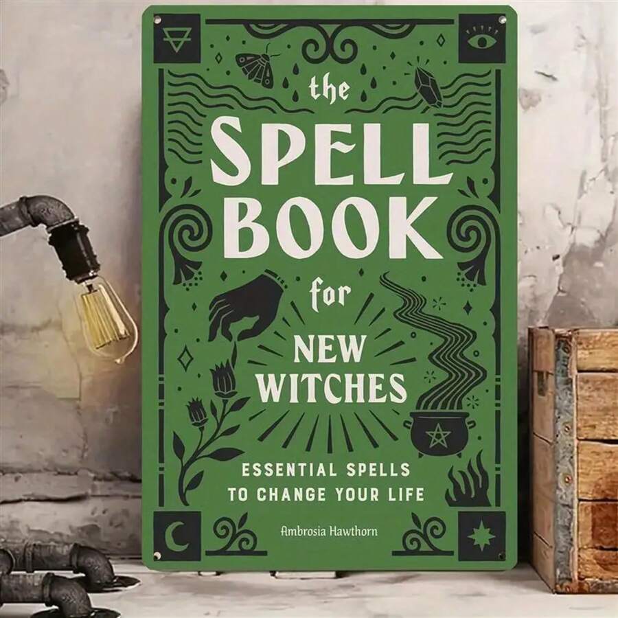 Vintage Witch Spell Book Metal Sign - Spell Casting Decor With Witch's Flaming Stars, Cauldrons, Dark Green Witchy Art - Heavy-Duty Iron Wall Hanging For Halloween, Cottagecore, Or Witchy Home - Perfect Gift For Wiccan & Pagan Decorations, Witchy Home Decor, Mystical Room Accent, Mystical Theme Artwork, Intricate Metalwork - 8*12 inch - Xem 1