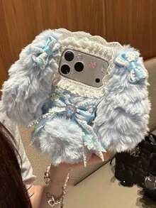 冬季可爱毛绒兔子拥抱设计 17 Pro/Max、16 Pro/Max 手机壳，双层，创意，有趣，防震保护套 - 粉色 - 查看 4