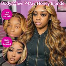 30 Inch 250% Density Ombre Honey Blonde Lace Front Wig Human Hair 13x4 HD Highlight Body Wave Lace Front Wigs Human Hair For Women Glueless Pre Plucked With Baby Hair 4/27 Colored HD Lace Wig Human Hair - S4/27 - 查看 9