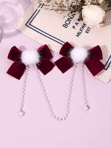 2 spinki do włosów w stylu świątecznym dla dziewczynek, sztuczne perłowe frędzle, puszysty pompon, elegancka i wykwintna ozdoba do włosów dla nastolatek, codzienne akcesoria do włosów