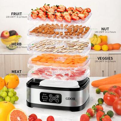  GDOR 5 Trays Food Dehydrator Includes Mesh Screen, Fruits Roll Sheet, Recipes,  With Temperature Control & 72H Timer & LED Display, For Jerky, Fruit, Veggie, Herb, Dog Treat.