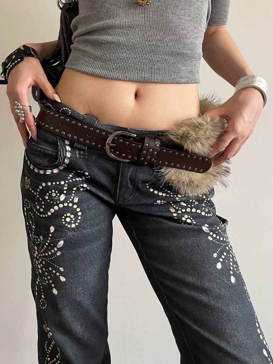 1pc Women's Coffee Color PU Leather Punk Style Double Row Rivet Decor Belt, Versatile Waist Band - Coffee - View 1
