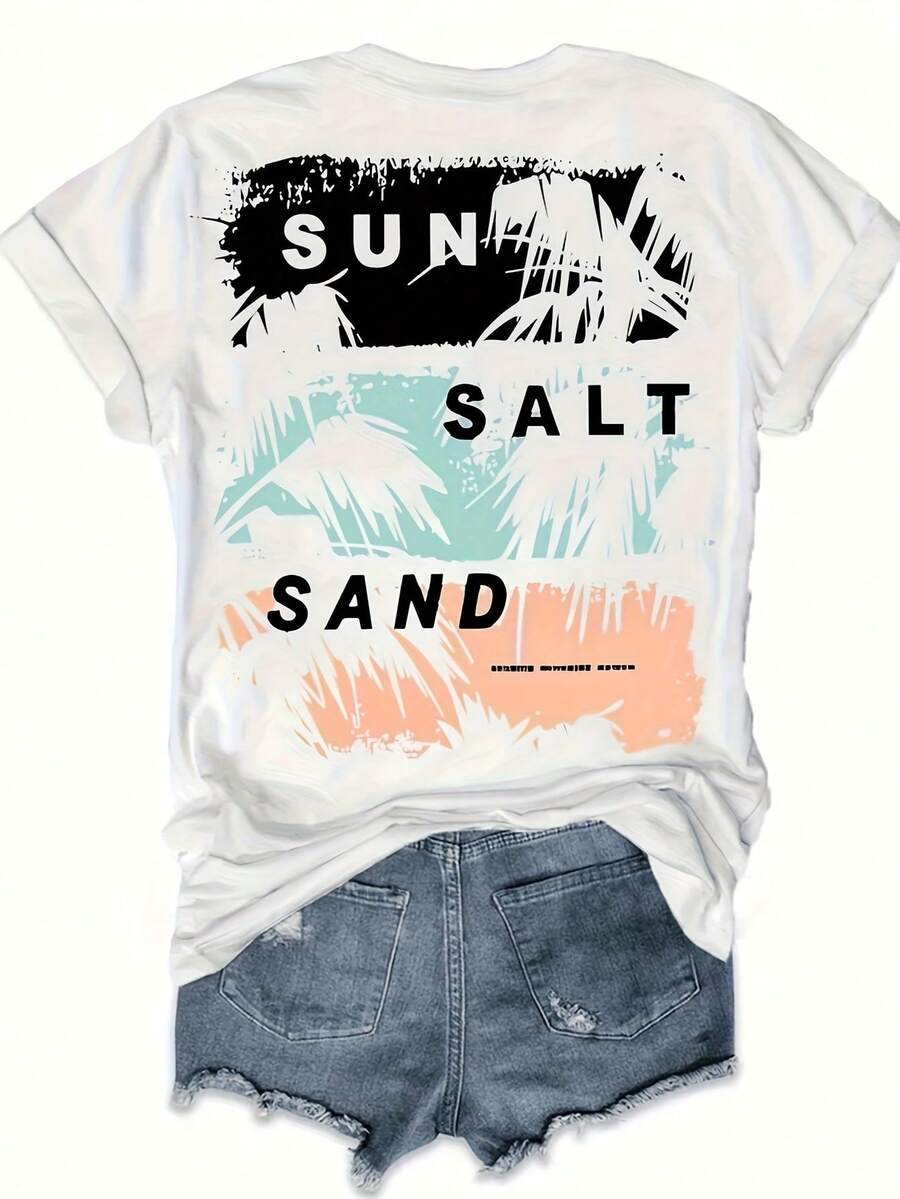 Women's Pattern Printed T-Shirt Casual Round Neck Short Sleeve Top Summer And Spring Fashion Polyester Material Regular Length Knitted Fabric Sunshine Salt Sand Design Loose And Comfortable Summer Tops - trắng - Xem 1