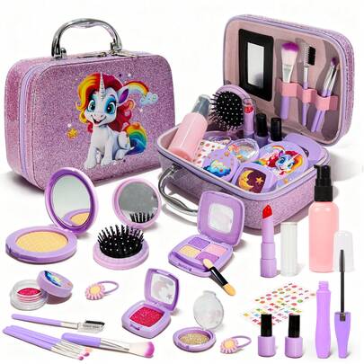 全新紫色独角兽女孩化妆套装玩具，包含包、钱包、收纳、互动游戏、模拟化妆、角色扮演、爱好、圣诞礼物