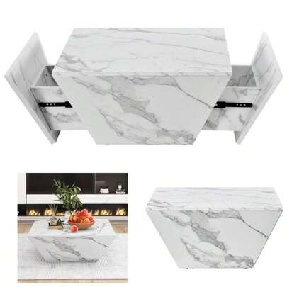 Marbling Veneer PVCCoffee Table Tea Table Living Room, Large Side Table With 2 Cabinet, Square Side Table Console Sofa Table With Storage 70 * 70 * 36