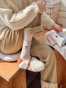 女士加厚保暖罗纹蝴蝶结印花袜，百搭日式秋冬中筒袜 - 彩色 - 查看 9
