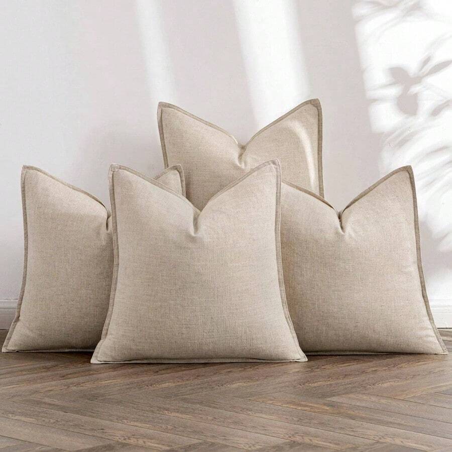 Neutral Linen Pillow Covers Pack Of 4 Decorative Natural Solid Throw Pillow Covers Soft Accent Boho Farmhouse Couch Pillowcases Modern Home Decors Living Room Bed Sofa 18x18 Inch - 24 英吋 x 24 英吋(4 件裝)+ 米色 - 查看 1