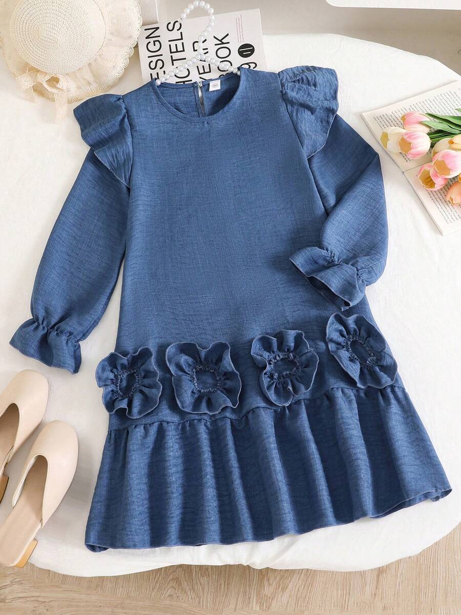 Left Mama Girls' Elegant Minimalist 3D Floral Long Sleeve Ruffle Dress, Spring/Autumn - Blue - View 1