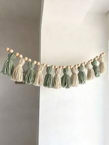 1pc Handmade Christmas Tassel Wreath - Ombre Green With Accents Of Navy, Gray, Light Green, Light Brown And White. Colorful Tassel Garland Decor, Can Be Hung On Wall For Home Decor, Boho Tassel Wreath, Classroom Holiday Decoration To Add Festive Vibe To Your Home. - Multicolor - View 1