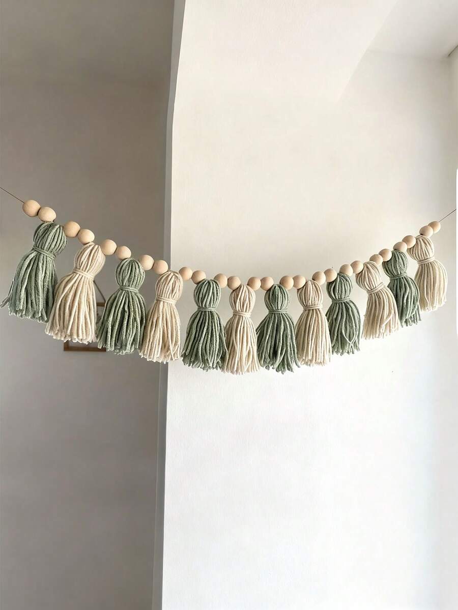 1pc Handmade Christmas Tassel Wreath - Ombre Green With Accents Of Navy, Gray, Light Green, Light Brown And White. Colorful Tassel Garland Decor, Can Be Hung On Wall For Home Decor, Boho Tassel Wreath, Classroom Holiday Decoration To Add Festive Vibe To Your Home. - Multicolor - View 1