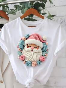 Camiseta Festiva De Estampado Para Mujer - Manga Corta Casual, Transpirable Y Cómoda, Algodón, Lavable A Máquina, Decoración Para La Temporada Festiva - Blanco - Ver 1