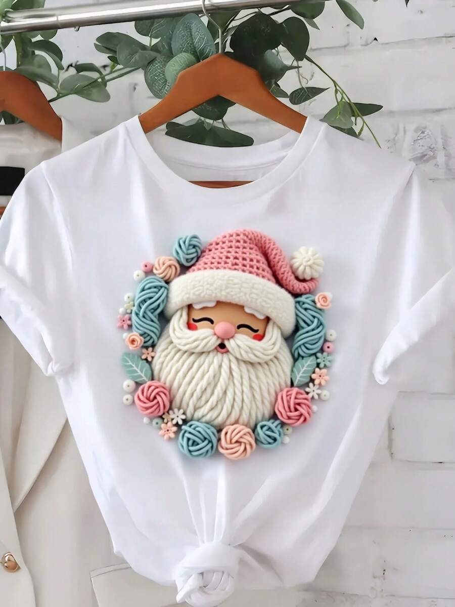 Camiseta Festiva De Estampado Para Mujer - Manga Corta Casual, Transpirable Y Cómoda, Algodón, Lavable A Máquina, Decoración Para La Temporada Festiva - Blanco - Ver 1