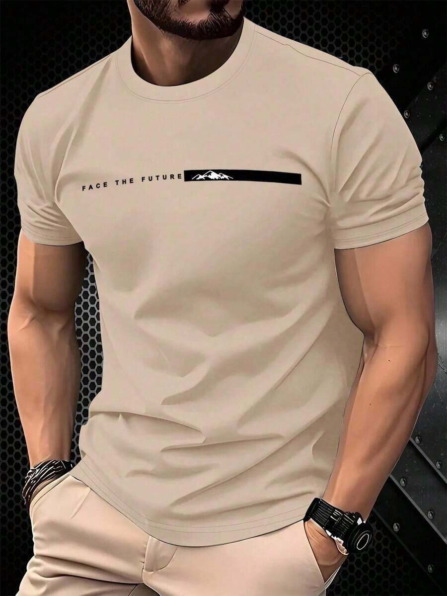 Men's Slim Fit T-Shirt With Letter Print, Round Neck And Short Sleeves 1005 Cotton - 杏色 - 查看 1