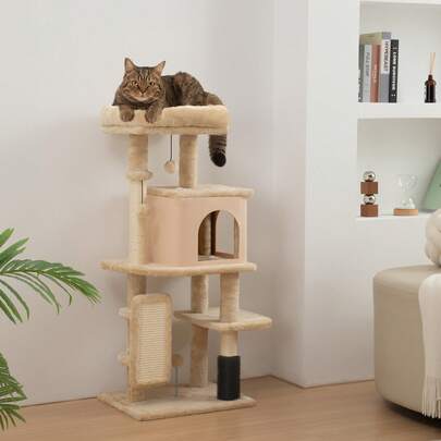 PawHut Cat Tree For Large Cat Adults, 41 Inch Cat Tower For Indoor Cats W/ Scratching Posts, Cat Bed, Condo, Grooming Brush, Jumping Platforms, Toy Balls, Anti-Tip Kit, Beige