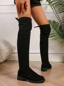 The Stylish Mid-Heeled Over-The-Knee Boots Are Designed For Teen Girls With Elastic And Decorative Lace-Up Elements, All-In-One Boots