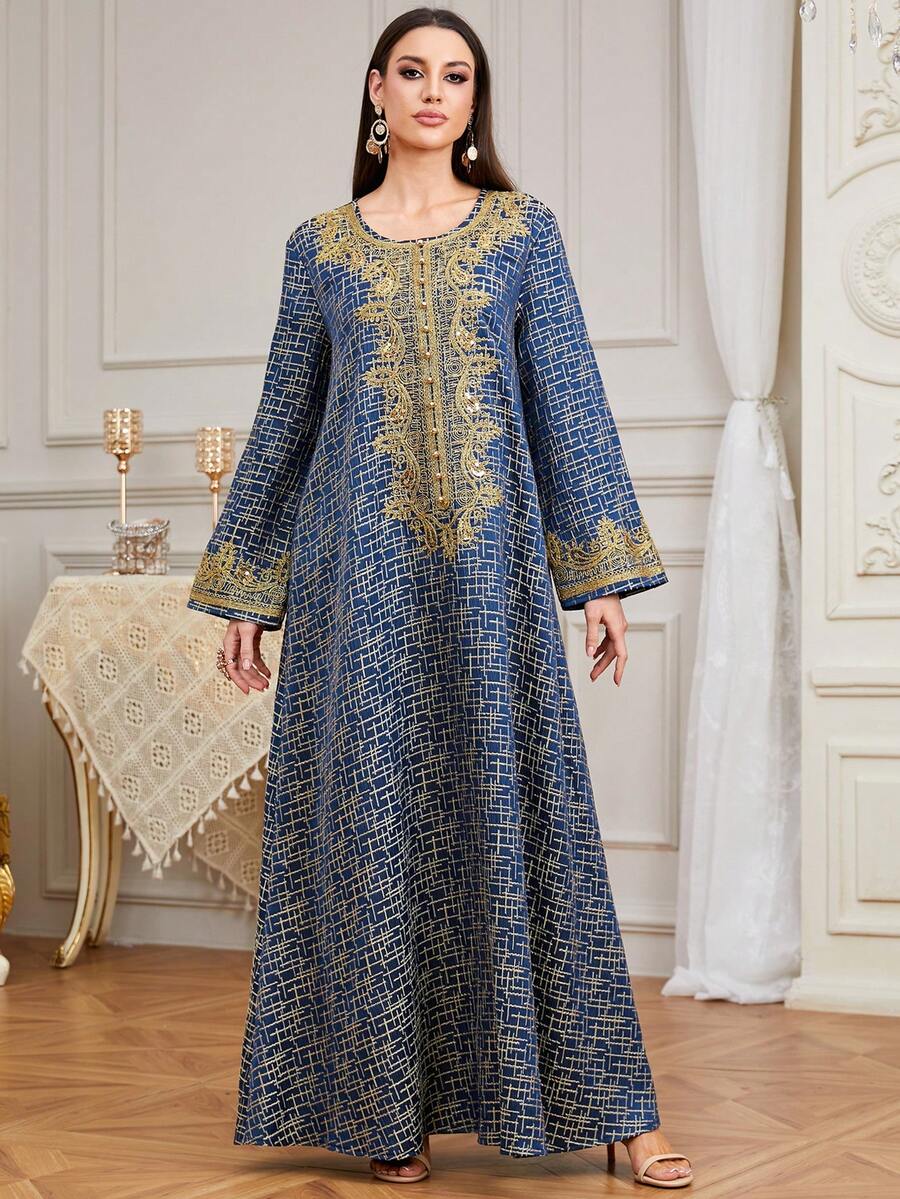 Long Sleeve Kaftan Dress, Round Neck, Gold Embroidered Woven Fabric, Elegant And Dignified Style - Navy Blue - View 1