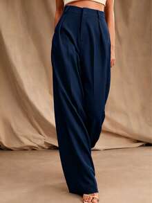 女士纯色休闲优雅通勤简约直筒裤，适合日常穿着、通勤和办公室穿着，春季款 - 藏蓝色 - 查看 6