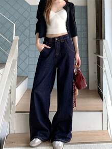 Women's Navy Blue Straight Leg Casual Jeans With Unique Back Pocket Design, Straight Leg Pants Spring - Dark Blue - View 1