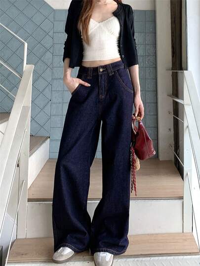 Women's Navy Blue Straight Leg Casual Jeans With Unique Back Pocket Design, Straight Leg Pants