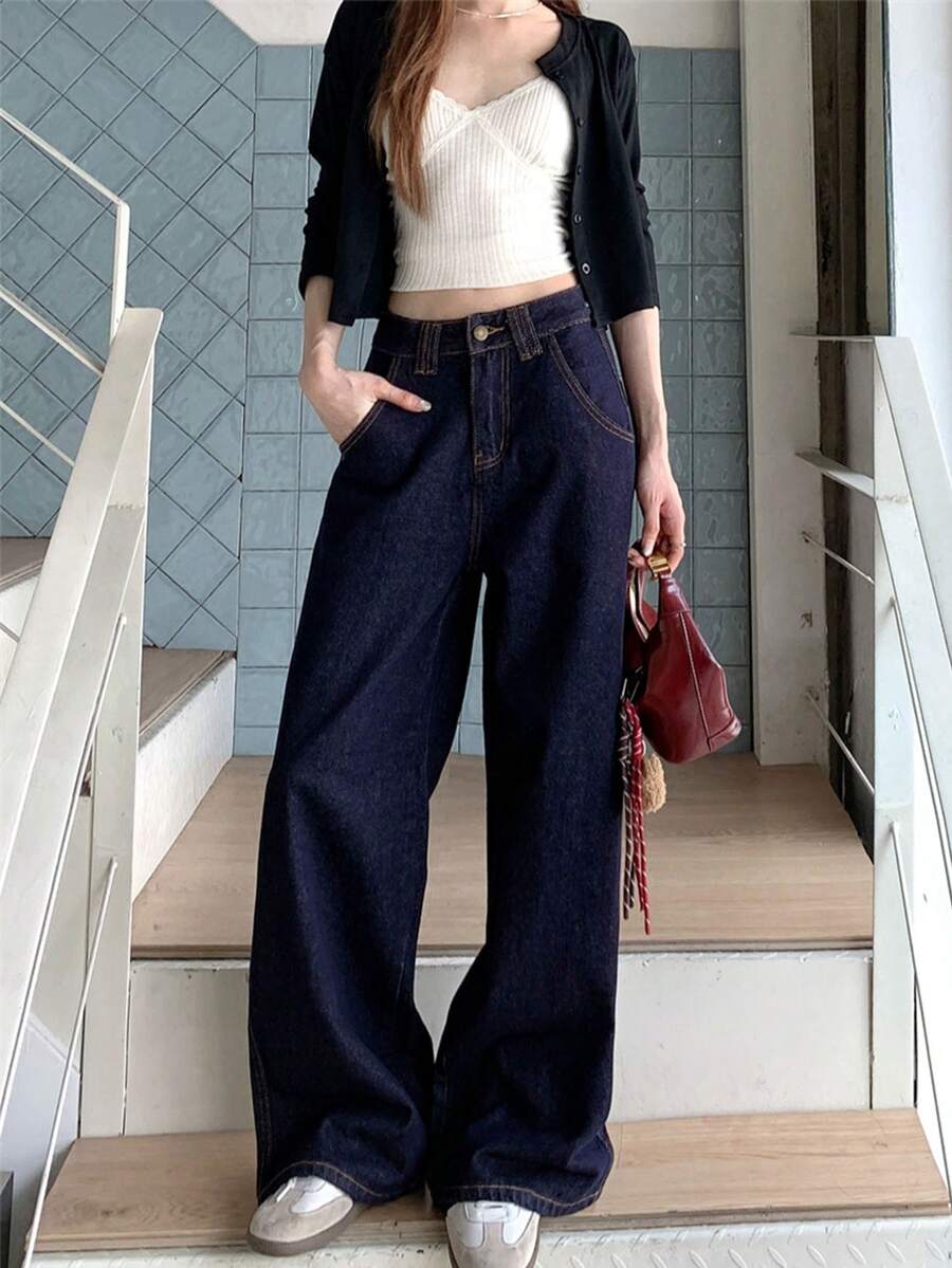 Women's Navy Blue Straight Leg Casual Jeans With Unique Back Pocket Design, Straight Leg Pants Spring - Dark Blue - View 1