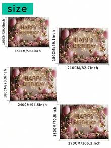 1pc 3D Floral Happy Birthday Photography Backdrops Pink Golden Balloons Flowers Party Banner 59.1*39.4/82.7*59.1/94.5*70.9/106.3*70.9 Inches Roses Green Leaves Photo Background Indoor Outdoor Newborn Shower Decoration Supplies