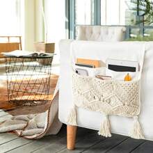 Macrame Sofa Armrest Organizer Remote Control Holder Couch Bedside Armchair Caddy Storage Basket Bag For TV Remote Control, Magazine, Books, Cell Pe, IPad, Boho Home Dorm Dr, Beige, Large,23168521 - Beige - View 2