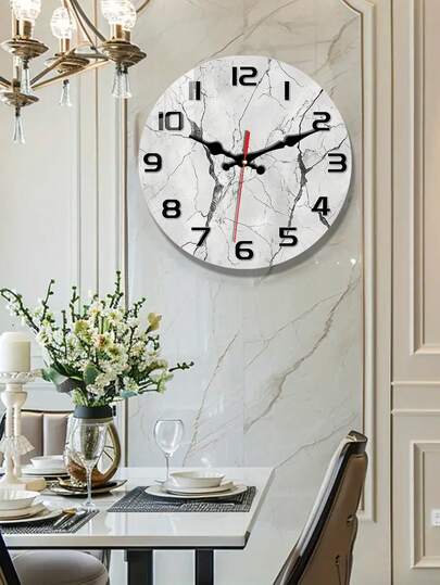 1pc Wooden Wall Clock With White Marble Texture, Fantasy Theme, Tempered Glass Laminated Silent Clock, Analog Display, Suitable For Living Room, Study, Minimalist Style Room Decoration, Great Contemporary Art Gift, Battery Powered (AA Batteries Not Included)