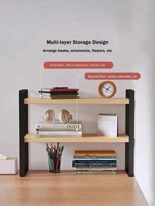 Iron Office Desk Storage Rack - Compact Multi-Tier Shelving Unit For Office Supplies, Books, And Decor - Rectangular Design With Minimalist Aesthetics - Wood Grain Color + Black Single Layer - View 2