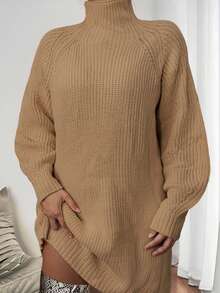 Gaun Sweater Lengan Panjang Elegan Longgar Kerah Tinggi Warna Polos Ukuran Plus - Khaki - View 3