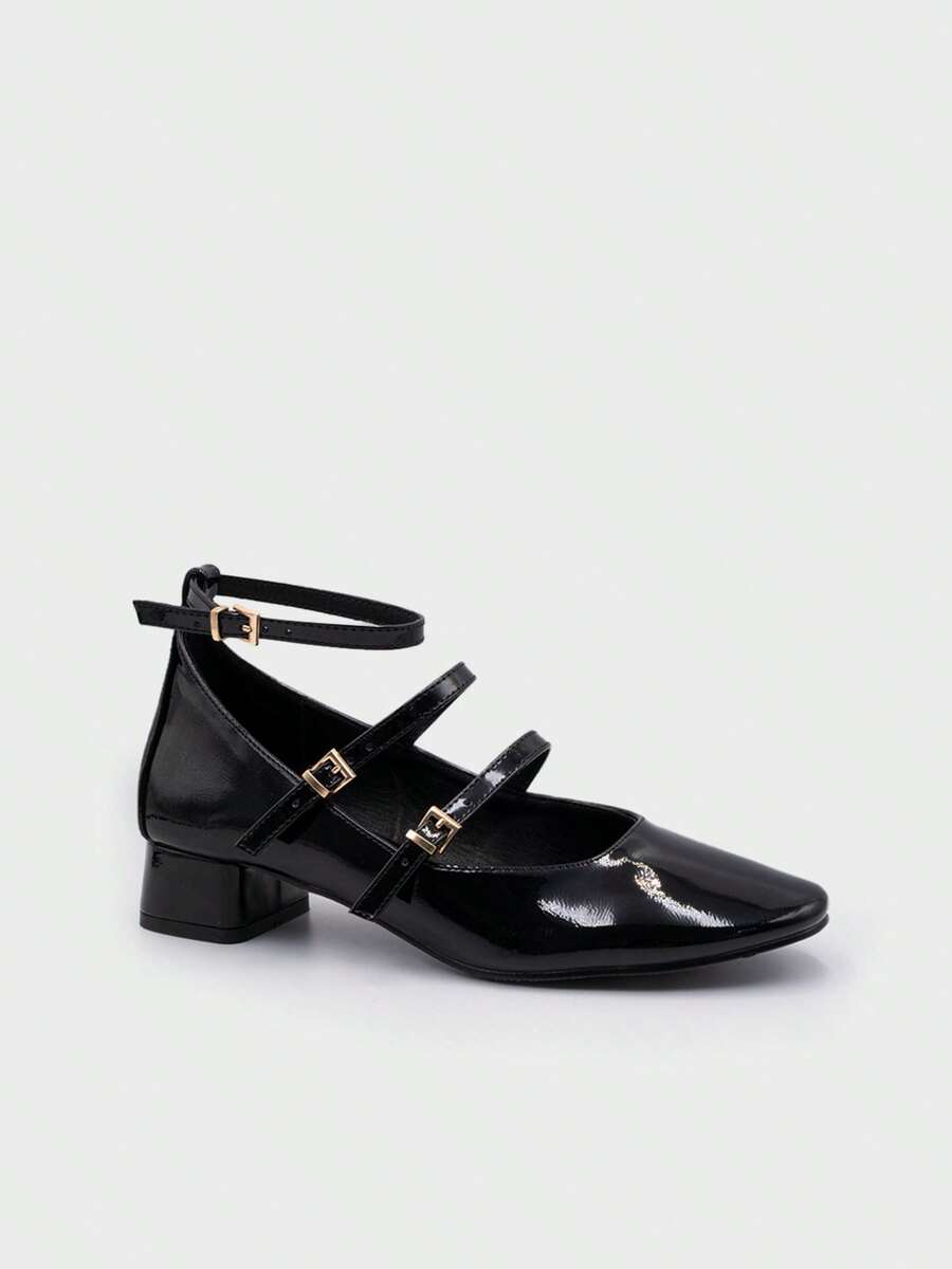 Women's Low Heel Mary Jane Style Shoes With Triple Strap – Elegant Patent Leather Office Shoes - 黑色 - 查看 1
