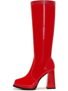 Wide Calf Plus Size Women's 70s Gogo Tall Knee High Square Toe Chunky Heel Retro Fashion Vintage Boots - 紅色專利 - 查看 3