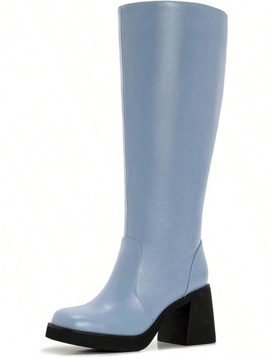 Wide Calf Plus Size Women's 70s Gogo Tall Knee High Square Toe Chunky Heel Retro Fashion Vintage Boots - 藍普 - 查看 1