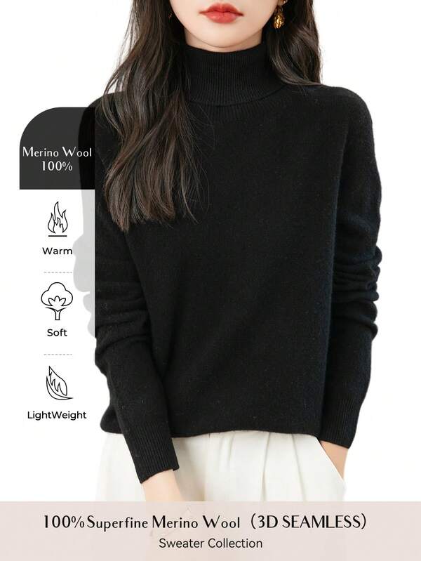 Women's 100% Merino Wool Sweater Autumn Winter Long Sleeve Women's Turtleneck Sweater Warm Soft Knitted Pullover Top