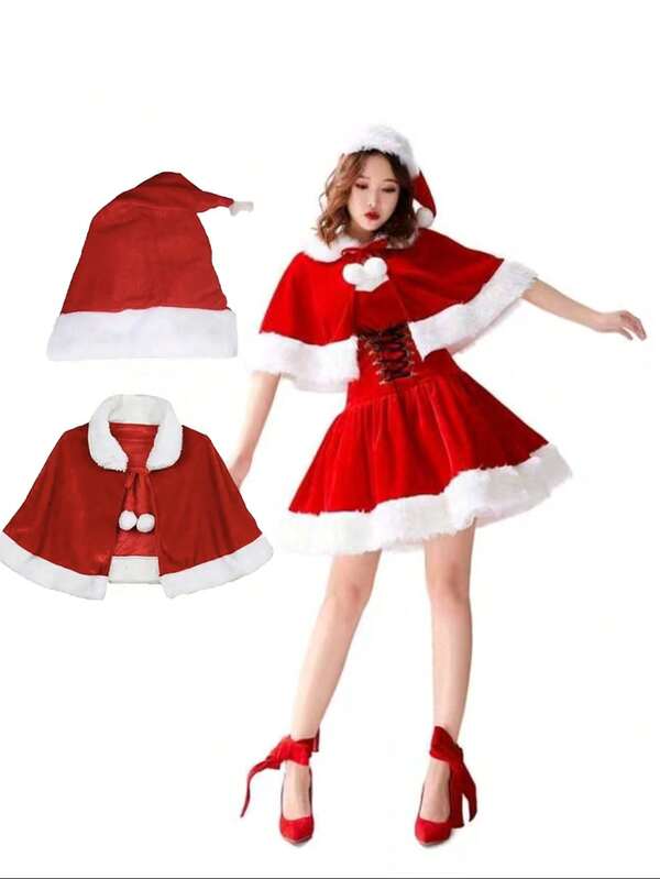 2 Pieces Christmas Carnival Performance Party Red Shawls + Hats Festival Costume Props Cosplay Party Costumes