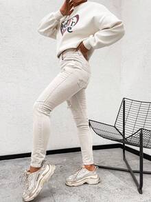 Quần nữ vải màu quần jean nam có nút khóa kéo túi mặc hàng ngày quần jean nữ Momfit - Màu be rách - Xem 4