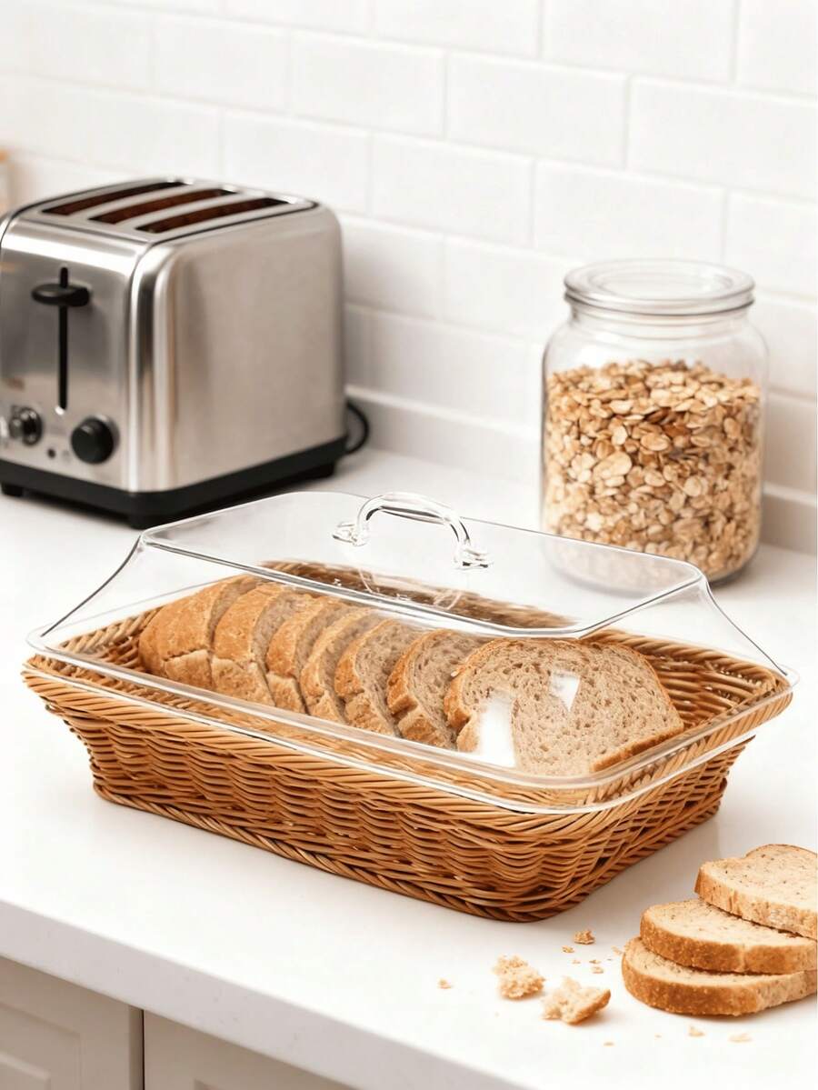 13.8*9.8 Inch Woven Bread Basket With Lid, Farmhouse Style Rattan Storage Bin For Fruits, Vegetables & Rolls, Kitchen Counter & Dining Table Organizer, Rectangular Serving Basket For Party Valentine's Day Home Gifts - Brown - View 1